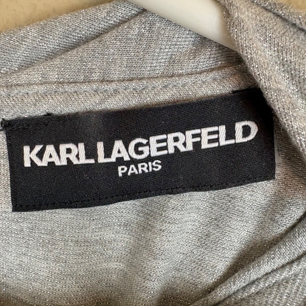 Karl Lagerfeld Paris Silver Shimmer Pleated Front/Keyhole Knit 3/4 Sleeve Blouse - Picture 8 of 10